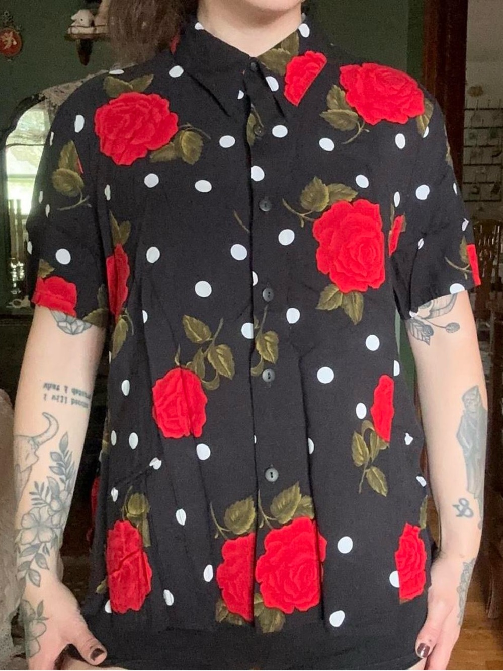 Black Button-Down Shirt with Red Rose & White Polka Dots